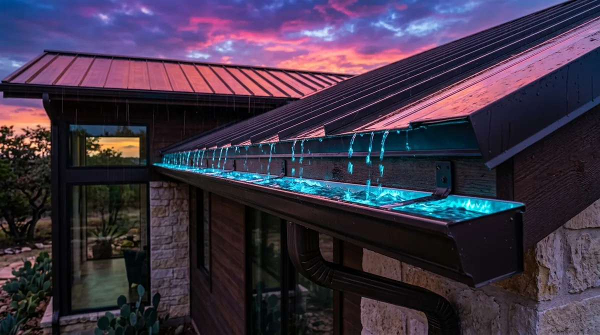 Seamless bronze gutters on roofline